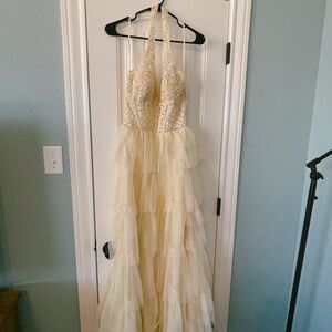 Blondie Nites Cream Halter Prom Dress